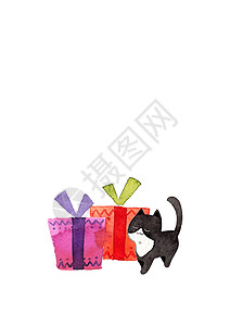 猫在推礼盒 白色背景上的水彩手绘插图 复制您的文本的空间 贺卡 礼品卡 圣诞节 新年 宠物广告的设计庆典艺术短发收藏乐趣小猫问候背景图片