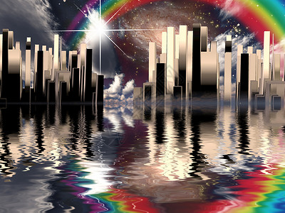 彩虹之城天堂之城高楼科幻建筑物摩天大楼世界城市渲染地平线科学小说背景