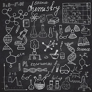 用显微镜 公式 实验等分法 分析工具 黑板背景的矢量图解手绘草图 并用笔画绘制成相形像物理测试化学管子科学化学品插图铅笔技术卡通背景图片