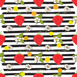 手绘红色草莓草莓手画了草图 条纹无缝模式 矢量说明墙纸叶子涂鸦甜点浆果饮食打印绘画水果插图背景