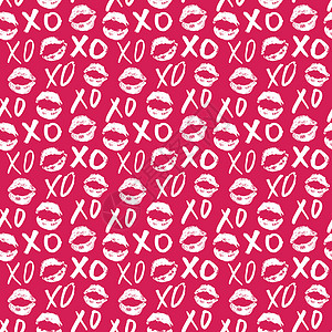 笔触变形字体XOXO 笔刷字母符号无缝模式 Grunge 书写拥抱和亲吻法尔斯 互联网短语缩写XOXO符号 白色背景上孤立的矢量插图草图嘴唇背景