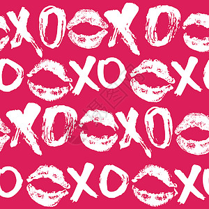 笔触变形字体XOXO 笔刷字母符号无缝模式 Grunge 书写拥抱和亲吻法尔斯 互联网短语缩写XOXO符号 白色背景上孤立的矢量插图刷子草图背景
