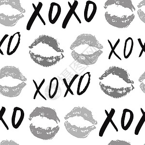 矢量嘴唇XOXO 笔刷字母符号无缝模式 Grunge 书写拥抱和亲吻法尔斯 互联网短语缩写XOXO符号 白色背景上孤立的矢量插图婚礼字体背景