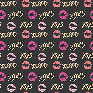 矢量嘴唇XOXO 笔刷字母符号无缝模式 Grunge 书写拥抱和亲吻法尔斯 互联网短语缩写XOXO符号 白色背景上孤立的矢量插图字体书法背景