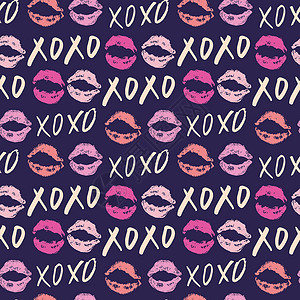 嘴唇矢量图XOXO 毛笔字母标志无缝图案 Grunge 书法拥抱和亲吻短语 互联网俚语缩写 XOXO 符号 矢量图嘴唇草图刻字假期打印横幅背景