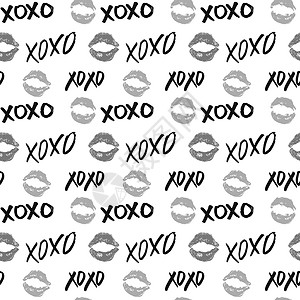 笔触变形字体XOXO 笔刷字母符号无缝模式 Grunge 书写拥抱和亲吻法尔斯 互联网短语缩写XOXO符号 白色背景上孤立的矢量插图打印刷子背景