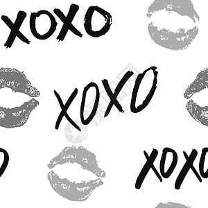 笔触变形字体XOXO 笔刷字母符号无缝模式 Grunge 书写拥抱和亲吻法尔斯 互联网短语缩写XOXO符号 白色背景上孤立的矢量插图刷子打印背景