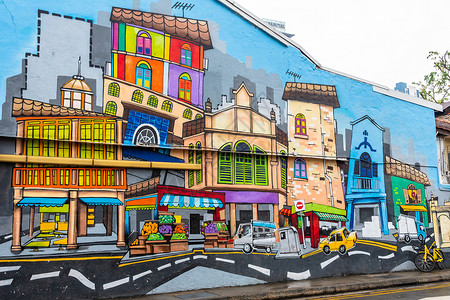 墙涂鸦素材新加坡一栋大楼的侧墙上漆着多彩的城市背景