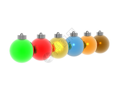 圣诞树球 充满多彩色彩绿色装饰品玻璃红色花丝蓝色背景图片