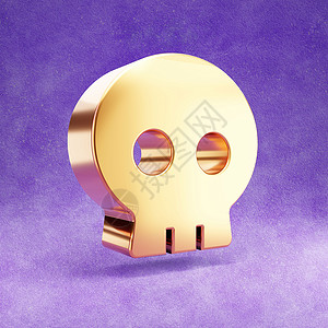 金色骷髅骷髅图标 紫色天鹅绒背景上孤立的金色光泽骷髅符号背景