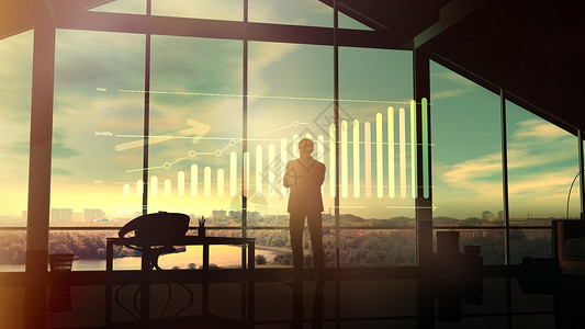 景观分析图在一个大办公室里 一个商务人士在黎明时看着一张增长图背景