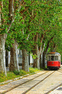 做红色辛特拉街的街道上充满多彩色彩的电车 在春天的里斯本旅行旅游古董运输城市电缆历史性历史观光市中心背景