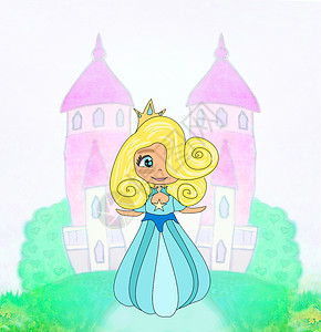 女孩公主梦美丽的小公主 在城堡前的城堡面前故事女孩插图王国公主爬坡手绘花朵艺术品寓言背景