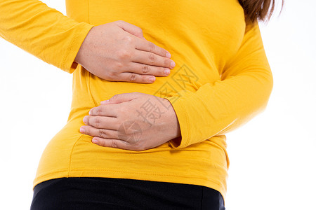 女性触摸胃 腰或肝脏的手与白种背景隔绝 卫生保健和医疗概念消化器官疤痕疾病组织解剖学膀胱治疗纤维化图表生物学高清图片素材