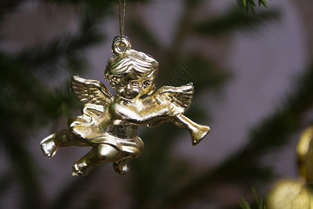 圣诞贺卡与金色天使在圣诞树上弹奏曼陀林 放置文本 背景模糊的圣诞贺卡背景图片