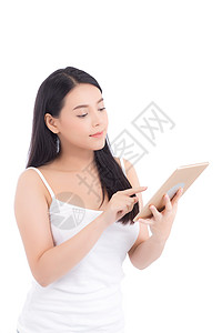 站在一触即发的空白屏幕平板板板上的亚洲年轻女子的肖像商务白色商业工作技术女孩快乐展示微笑开心背景图片