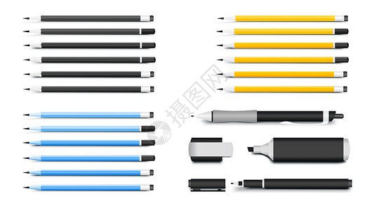 矢量钢笔Pens Pencils Markers和Textliner 公司身份模型最受欢迎的编写材料 矢量说明背景