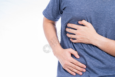 男人触摸胃部 腰部或肝脏姿势的手与白种背景隔绝 保健和医疗概念肝细胞治疗药品肝炎图表疤痕感染解剖学组织胰腺代谢高清图片素材
