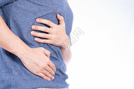 男人触摸胃部 腰部或肝脏姿势的手与白种背景隔绝 保健和医疗概念肝硬化生物学冒号肠胃排毒胰腺消化疾病失败组织食管高清图片素材