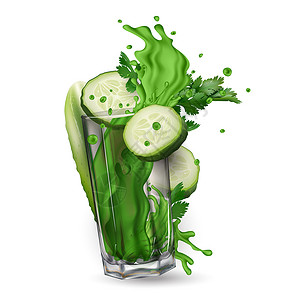 绿色飞溅液体黄瓜切片 菜叶和杯子里的绿色果汁喷洒背景