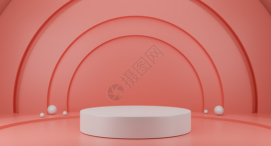粉色圆形背景白色讲台圆形基座和粉红色背景展示产品展示  3D 渲染背景