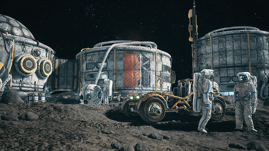 航天局月球表面 月球聚居地和月球基地的宇航员 在月球漫游旁工作3D宇宙卫星火箭星云男人轨道飞船旅行科学环境背景