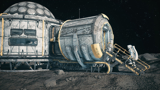 小小宇航员月球表面 月球聚居地和月球基地的宇航员 在月球漫游旁工作3D技术旅行天文勘探行星星云星系陨石地球天文学背景
