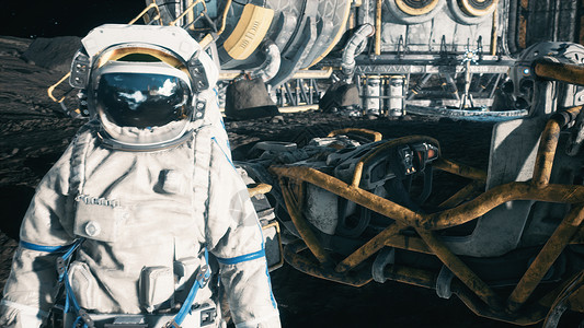 3D宇航员宇航员站在太空月球基地的月球旁 看到月球表面和月球聚居地3D降温火箭世界天文学星星科学太空人天空气氛陨石流动背景