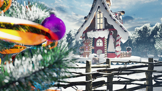 雪域圣诞屋景观圣诞雪 有魔法的森林 还有童话屋的姜饼男 圣诞节和新年3D创作庆典推介会卡片喜悦帽子渲染礼物卡通片场景乐趣背景