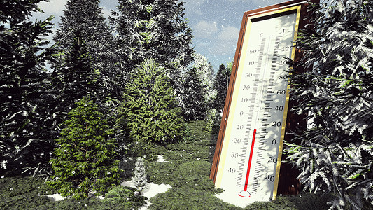 气温降低森林温度计法赫伦热摄氏度显示气温正在降低 全球冷却概念3D降温背景