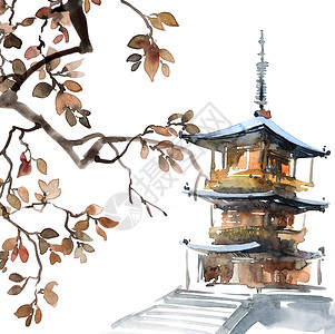 寺庙手绘塔和树叶背景