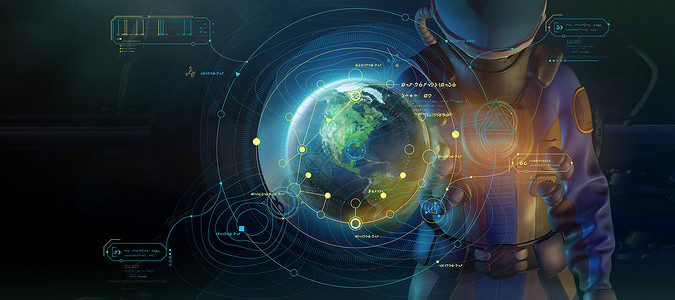 宇航员海报与一个身着太空服和信息图的男人一起的绝妙海报 3D Mature外星人科学投影星际地球太空人研究技术宇航员数组背景
