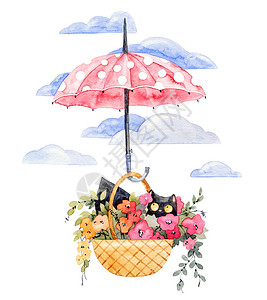 花伞手绘雨伞雨伞下篮子花的猫宠物卡片黑色花朵卡通片飞行绘画手绘动物猫咪背景