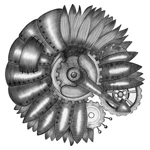 黑白蒸汽朋克向日葵手绘插图 蜡笔画的向日葵背景图片