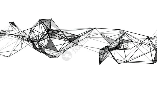 飞机几何线条3D 插图抽象几何多边形结构三角形粒子流动活力原子齿轮网络科幻物理黑色背景