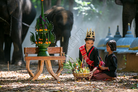 大象和女孩泰国苏林村森林中身着传统本土服饰和大象的美丽亚洲年轻女性背景
