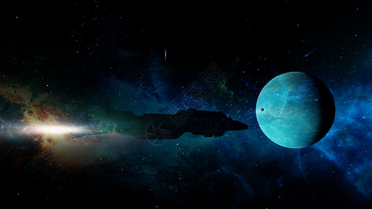 行星宇宙飞船接近新的蓝色行星的太空船背景