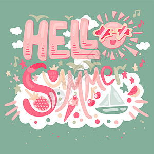 盛夏风情海报你好 热带夏天打印销售海鸥情调派对音乐艺术标签水果太阳背景