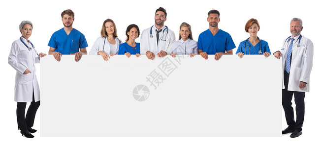 持有空白广告牌的医疗队卫生木板护士从业者医院女性男人横幅团队同事背景图片