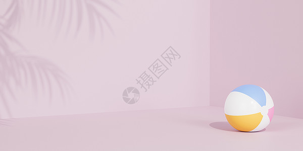 三维球带有充气沙滩球和热带树叶阴影的夏季粉色横幅3d 插图 rende背景