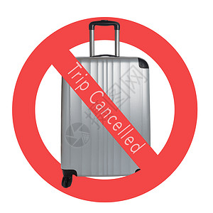 取消落户在白色背景的银色手提箱与国际没有标志和取消的旅行 大流行病期间的旅游限制概念背景