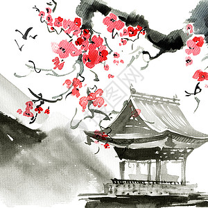 寺庙手绘和塔楼墨水花朵文化插图宝塔水彩旅行樱花艺术手绘背景