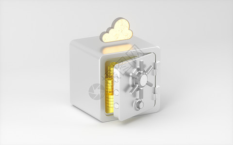 安全箱和有白色背景的金币 3D铸造盒子数据库保险柜密码网络储蓄金属金子商业代码背景图片