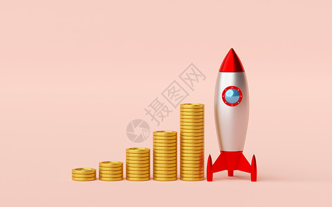 网络金币图标商业启动概念堆栈的金币与 rocket3d 渲染背景