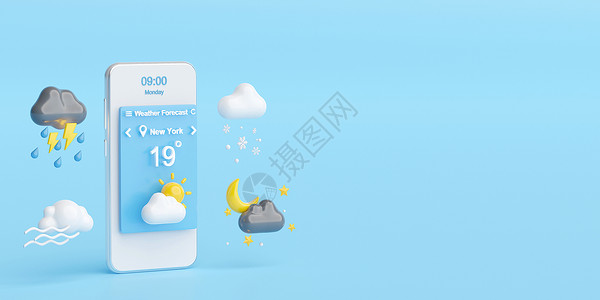 天气预报符号天气预报概念智能手机显示天气预报应用3d 它制作图案背景