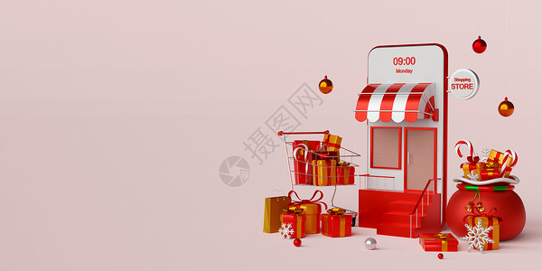 圣诞节手机海报配图在智能手机 concept3上在线购物的圣诞横幅庆典风格插图盒子讲台季节雪橇销售装饰品小册子背景