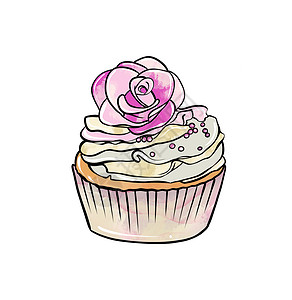 粉色蛋糕图标在白色孤立的背景上用奶油和鲜花装饰的糖果纸杯蛋糕的彩色图画的插图庆典卡片标识面包假期婚礼卡通片绘画生日派对背景