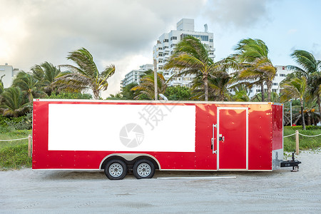 红色卡车红色拖车白色手掌海滩车辆空白广告货物公园卡车营销背景