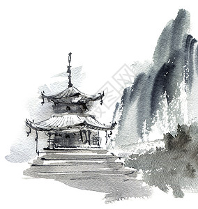 中国建筑手绘带有塔形的景观文化建筑灰阶寺庙手绘艺术草图水彩刷子建筑学背景