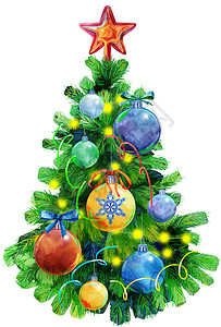 圣诞节图水彩图 圣诞树配有圣诞球的装饰森林插图旗帜星星假期蓝色云杉枞树松树季节背景
